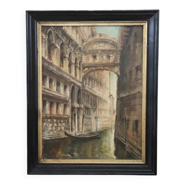 Venise Le Pont des Soupirs, Peinture à l'huile sur toile, Italie 20e siècle, Signé C. Rizzi