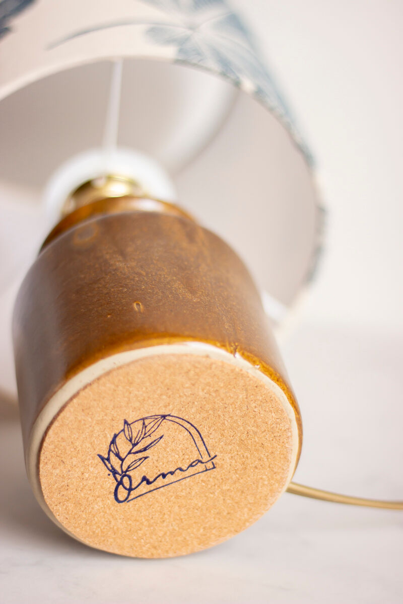 Lampe pot à moutarde en grès, motif feuilles de Maronnier