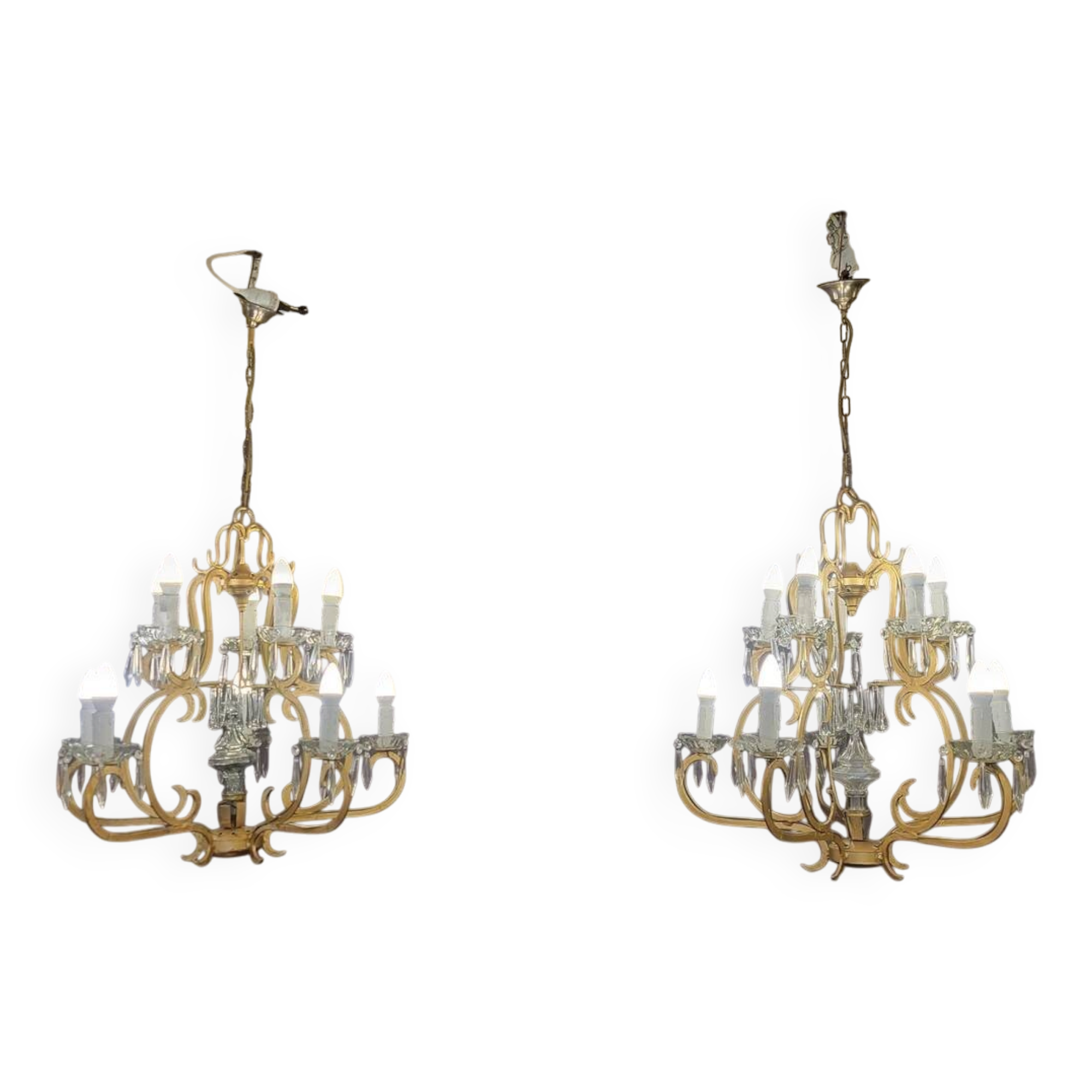 Pair of cage chandeliers with pendants