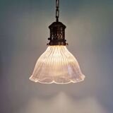 Large Holophane pendant light in clear grooved glass, 1920-30