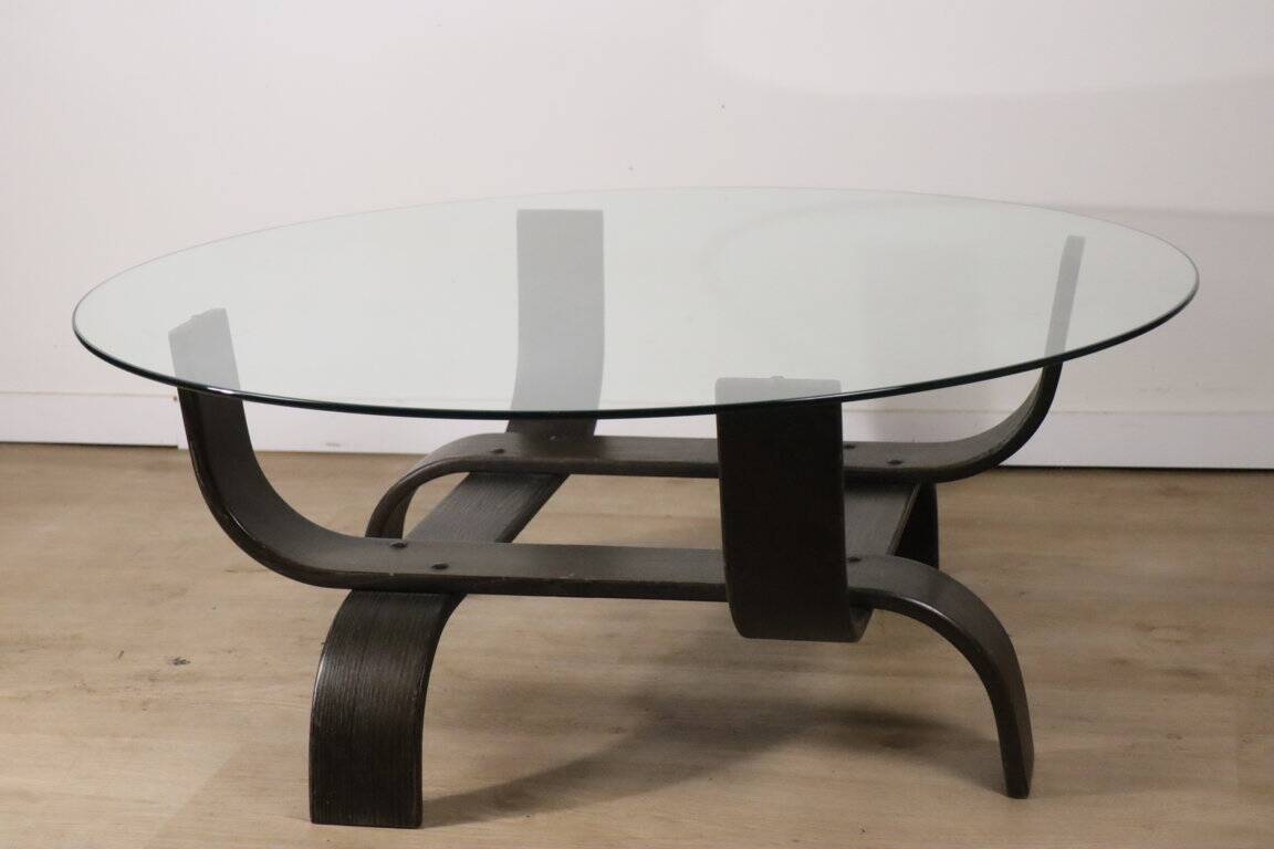 Vintage Fubo coffee table – curved wood & smoked glass – 1970s