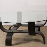 Vintage Fubo coffee table – curved wood & smoked glass – 1970s