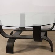 Vintage Fubo coffee table – curved wood & smoked glass – 1970s