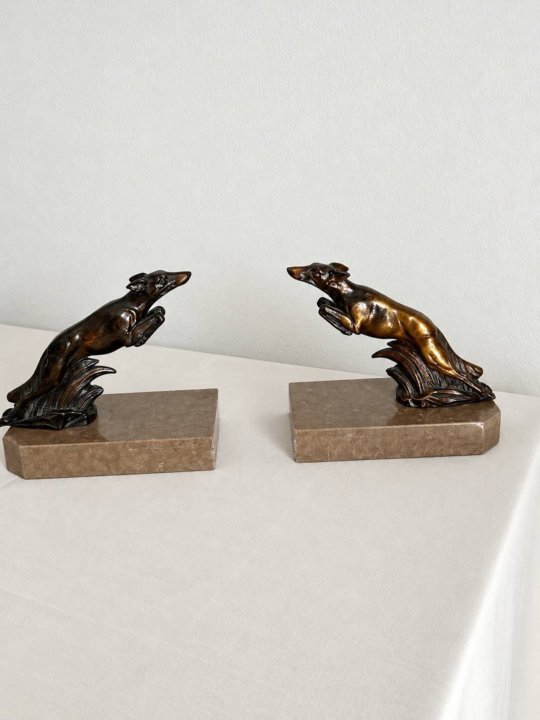 Marble and bronze metal bookends, Art Deco, greyhound, bookshelf.