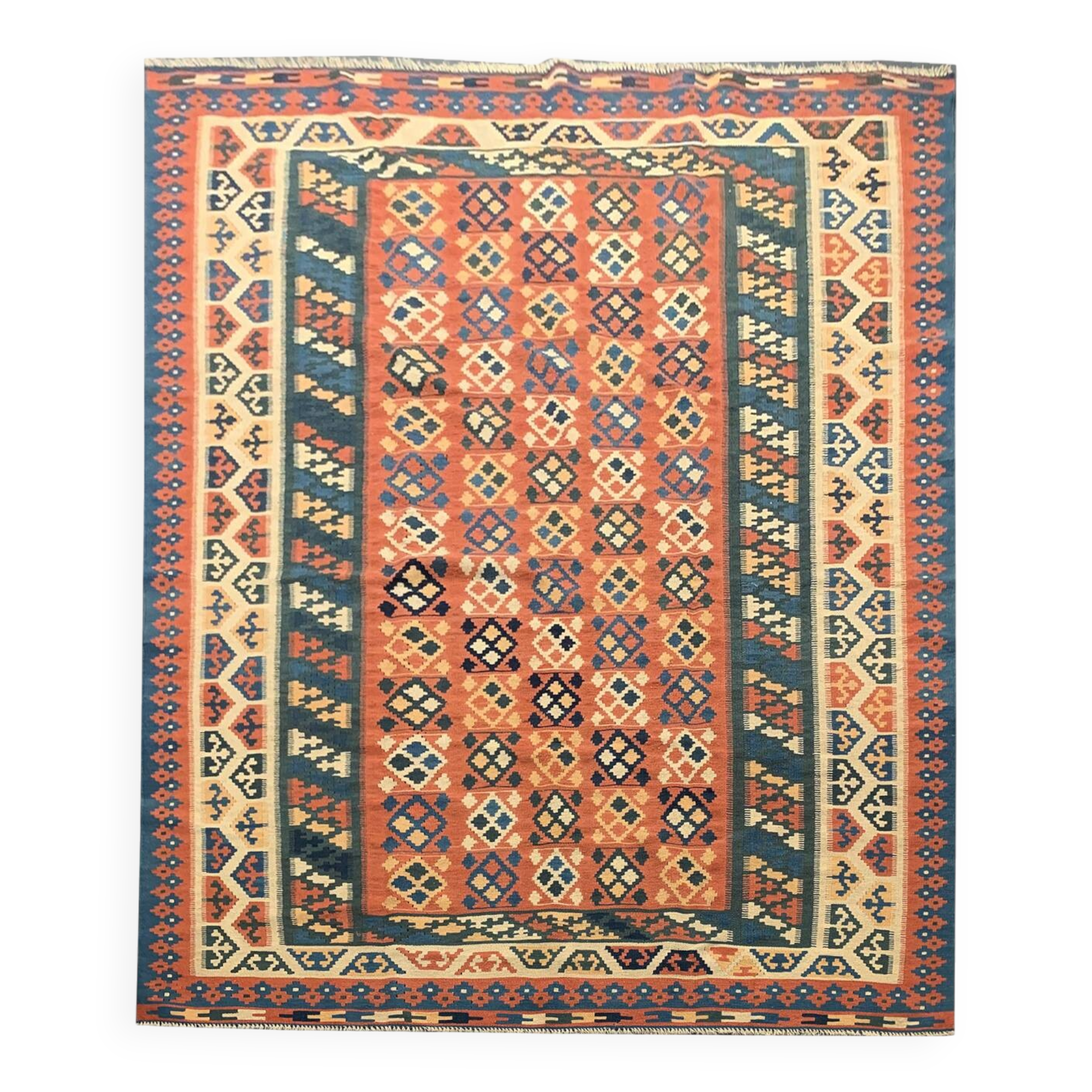 Grand tapis Kilim vintage, en laine turque tissée à plat, motif géométrique, 296 x 212 cm