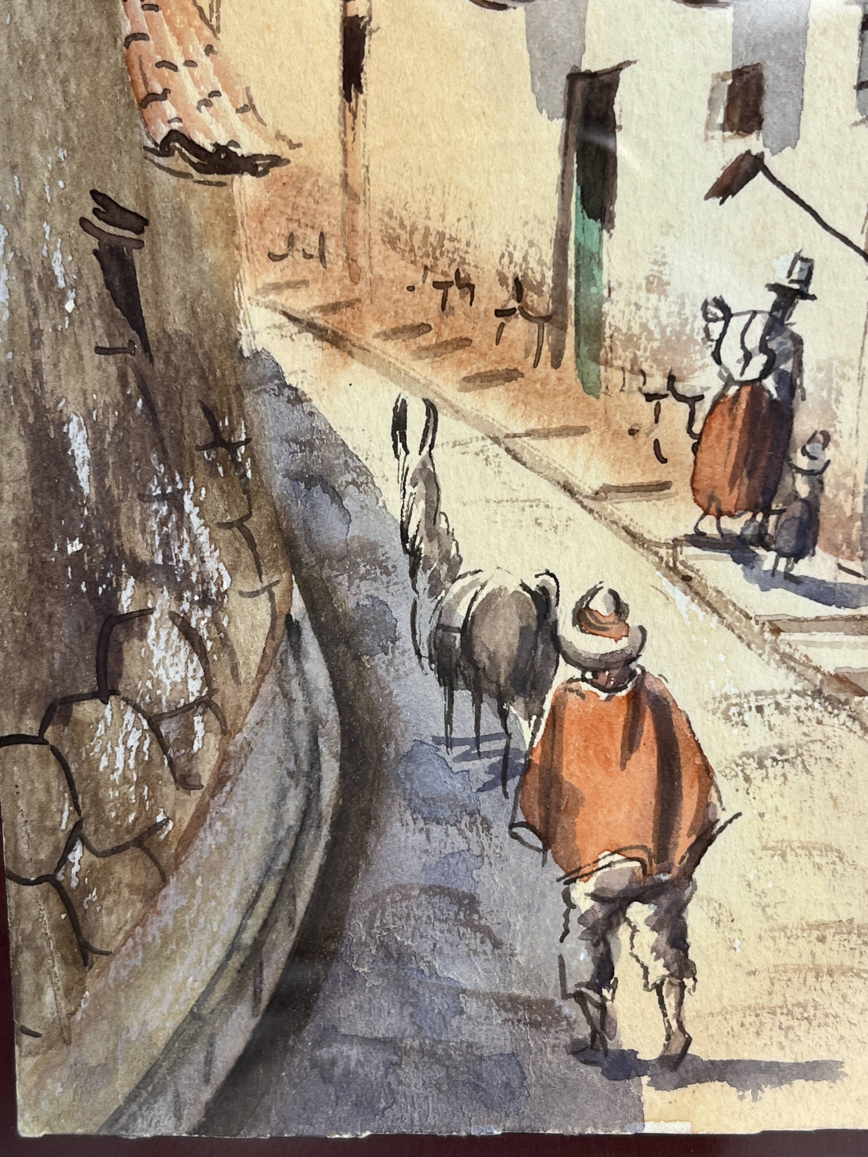 Gouache, lively street scene, South America, signed, 20th century