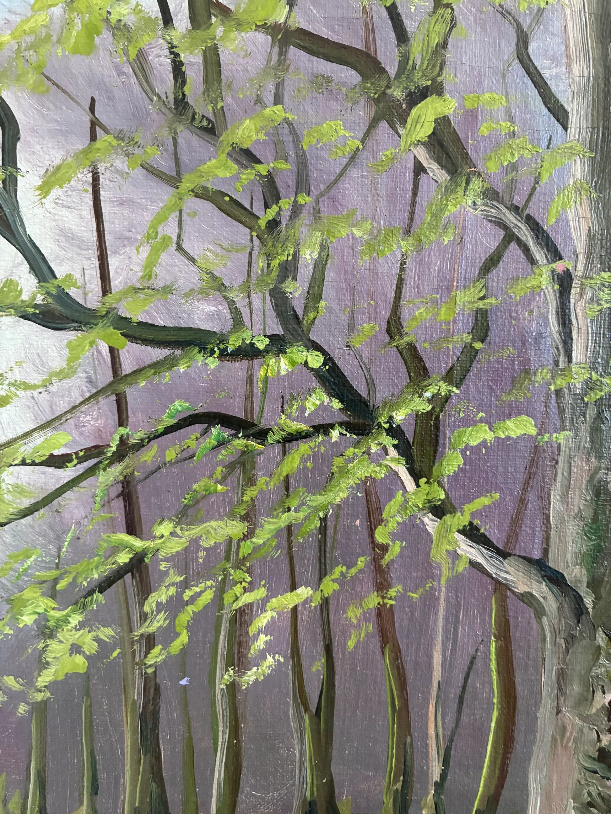 Vintage original forest landscape oil painting, circa 1960s