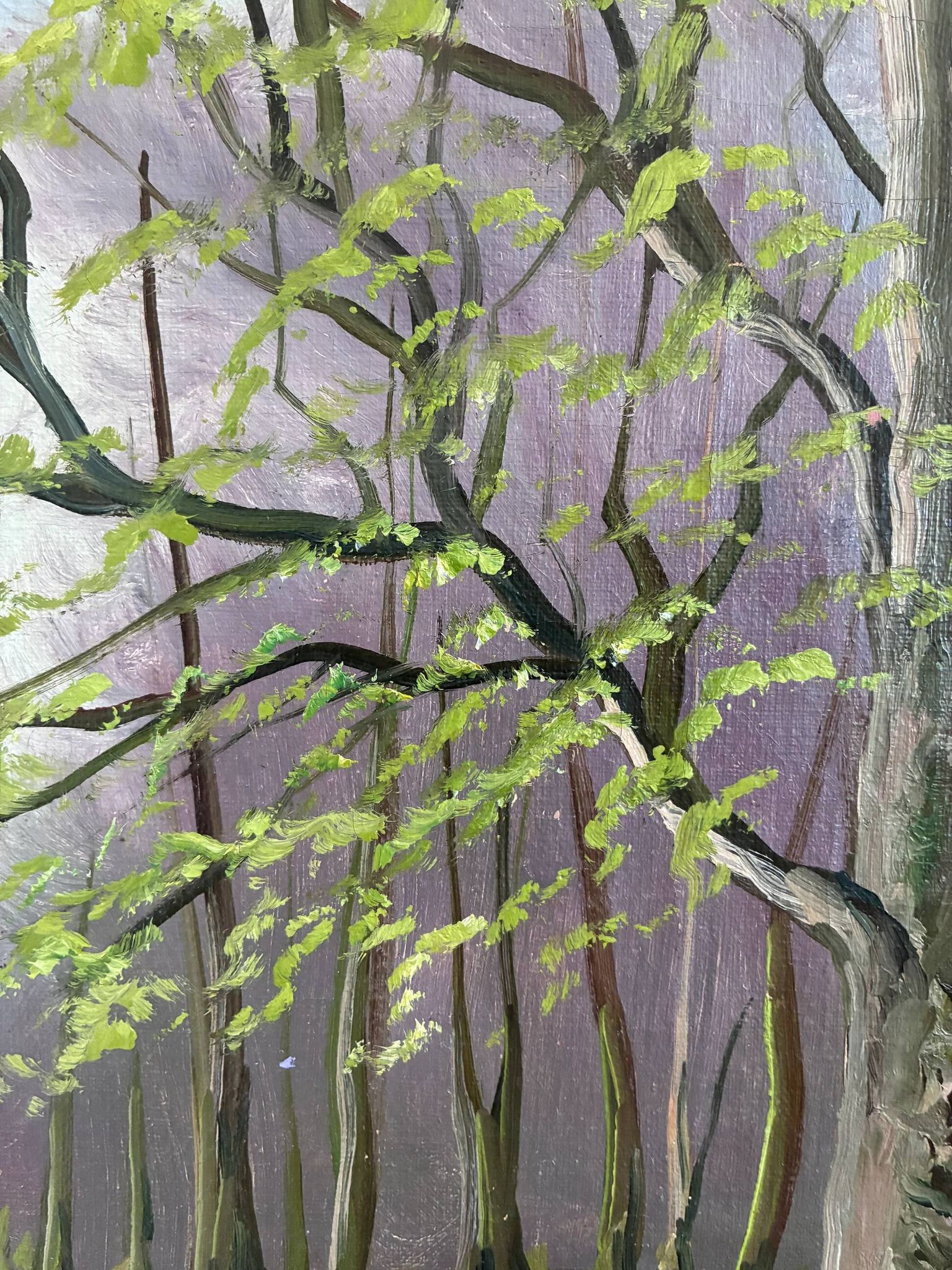 Vintage original forest landscape oil painting, circa 1960s