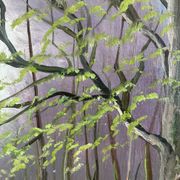 Vintage original forest landscape oil painting, circa 1960s