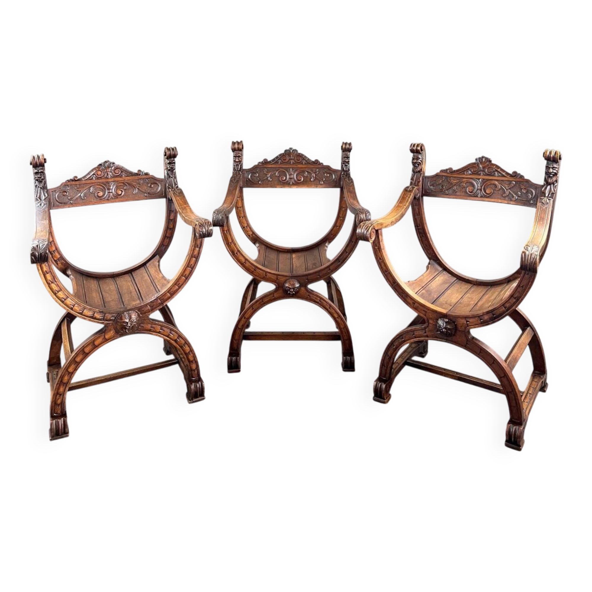 Set of Three Renaissance Style Armchairs, 19th Century