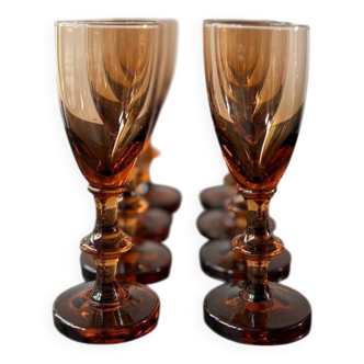 Set of 8 vintage amber portieux crystal glasses from the 70s
