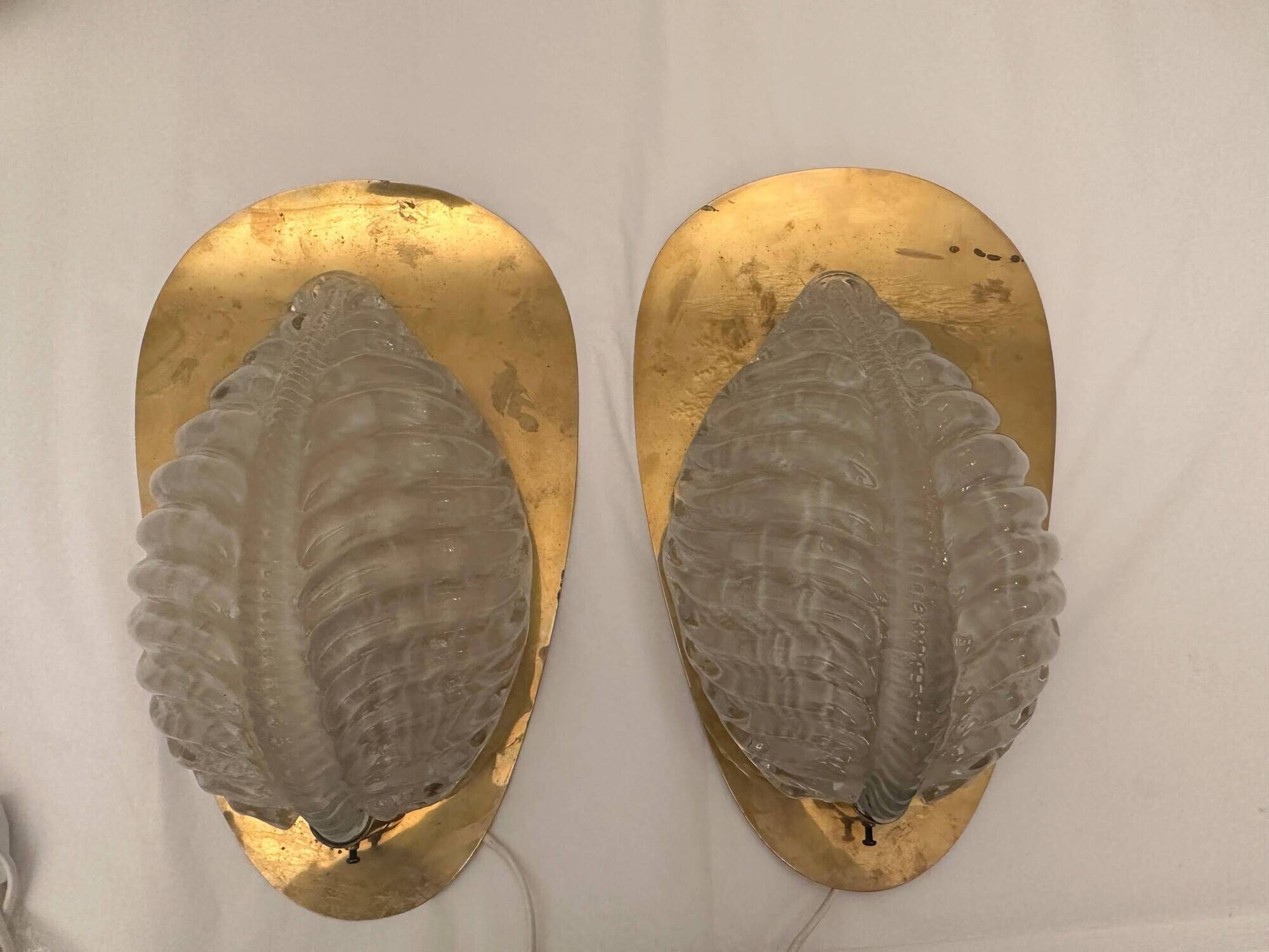 Fritz short brass and glass appliques in the shape of leaves Orrefors, 1960s