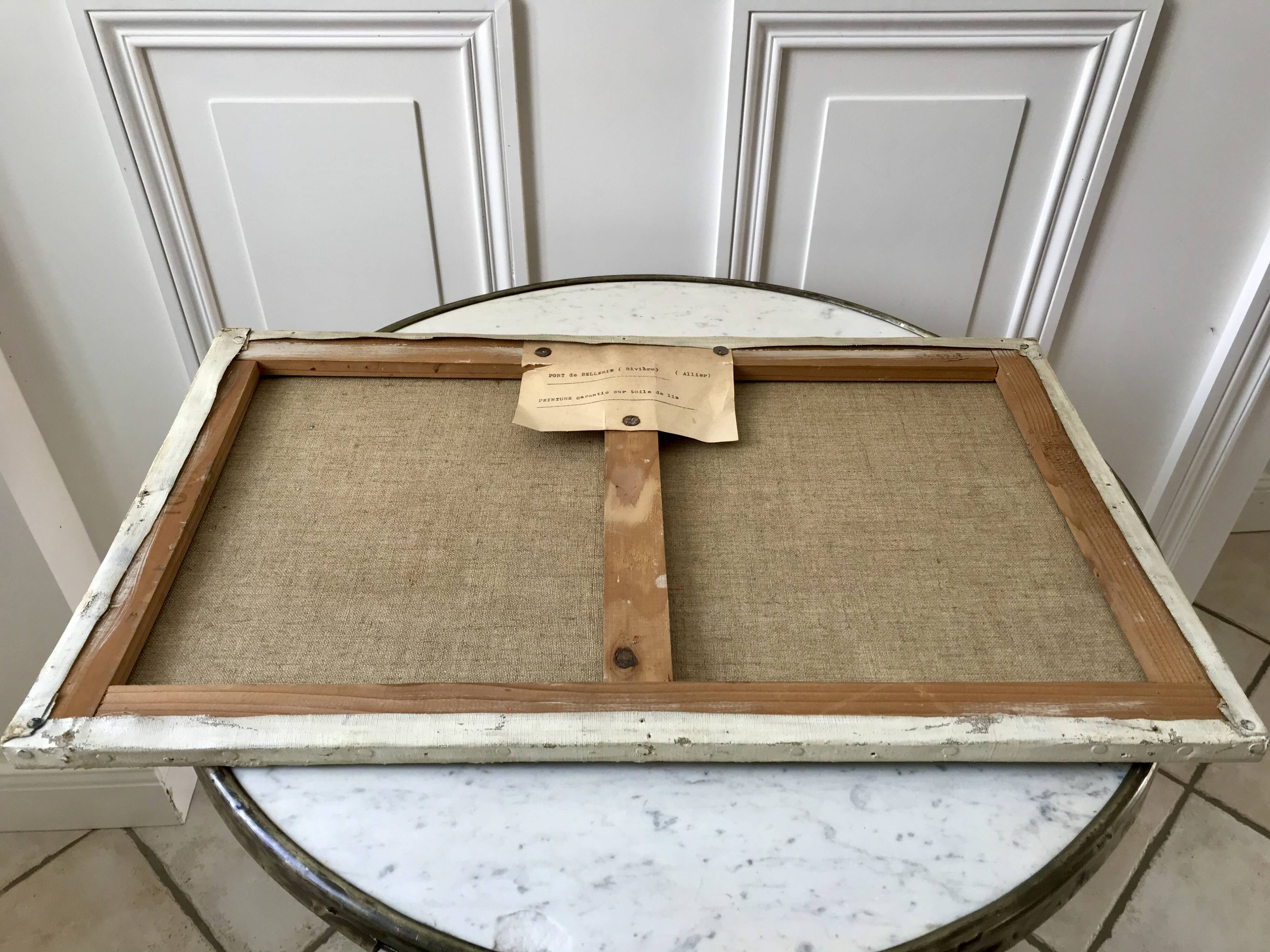 Oil painting on canvas landscape river bellerive bridge signed "morand" vinage