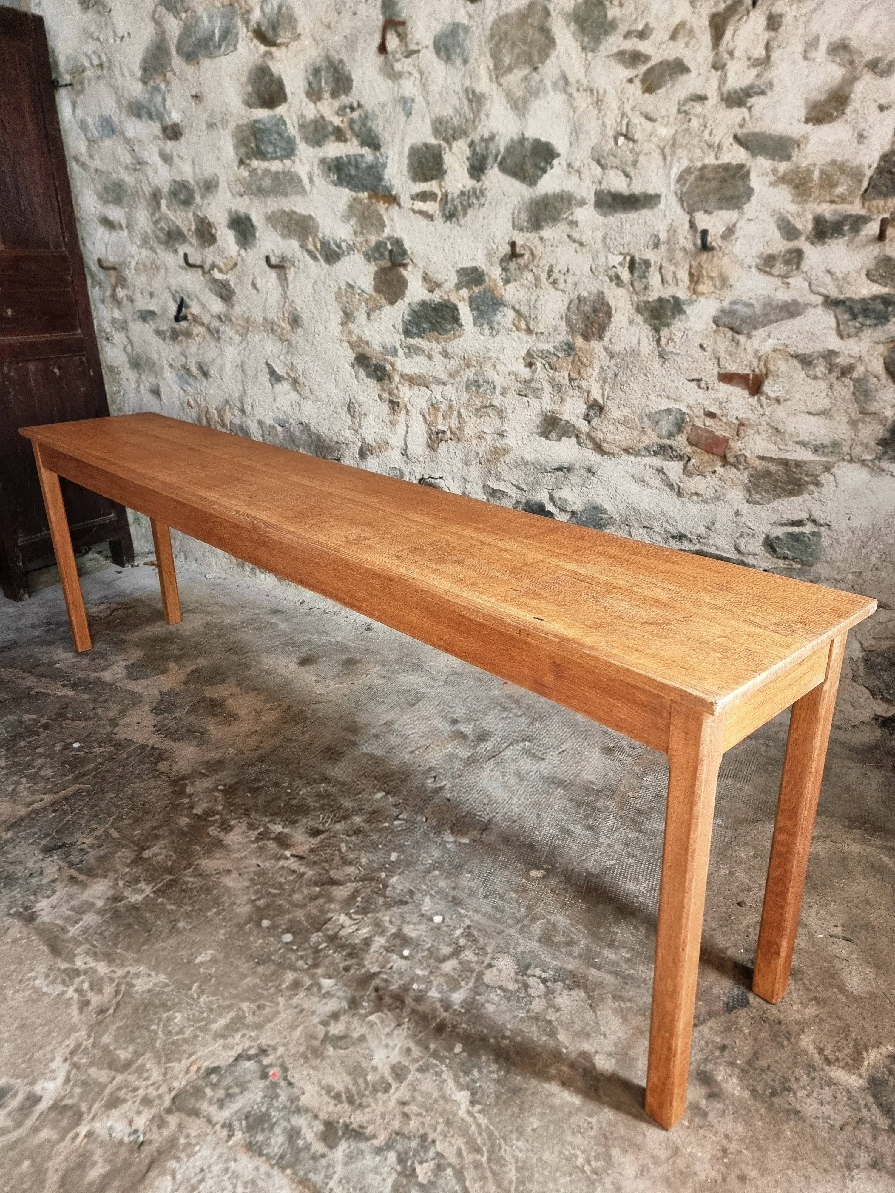 Old French oak console – Long and narrow farmhouse table 241 cm – Vichy hospital workshop from the 1950s