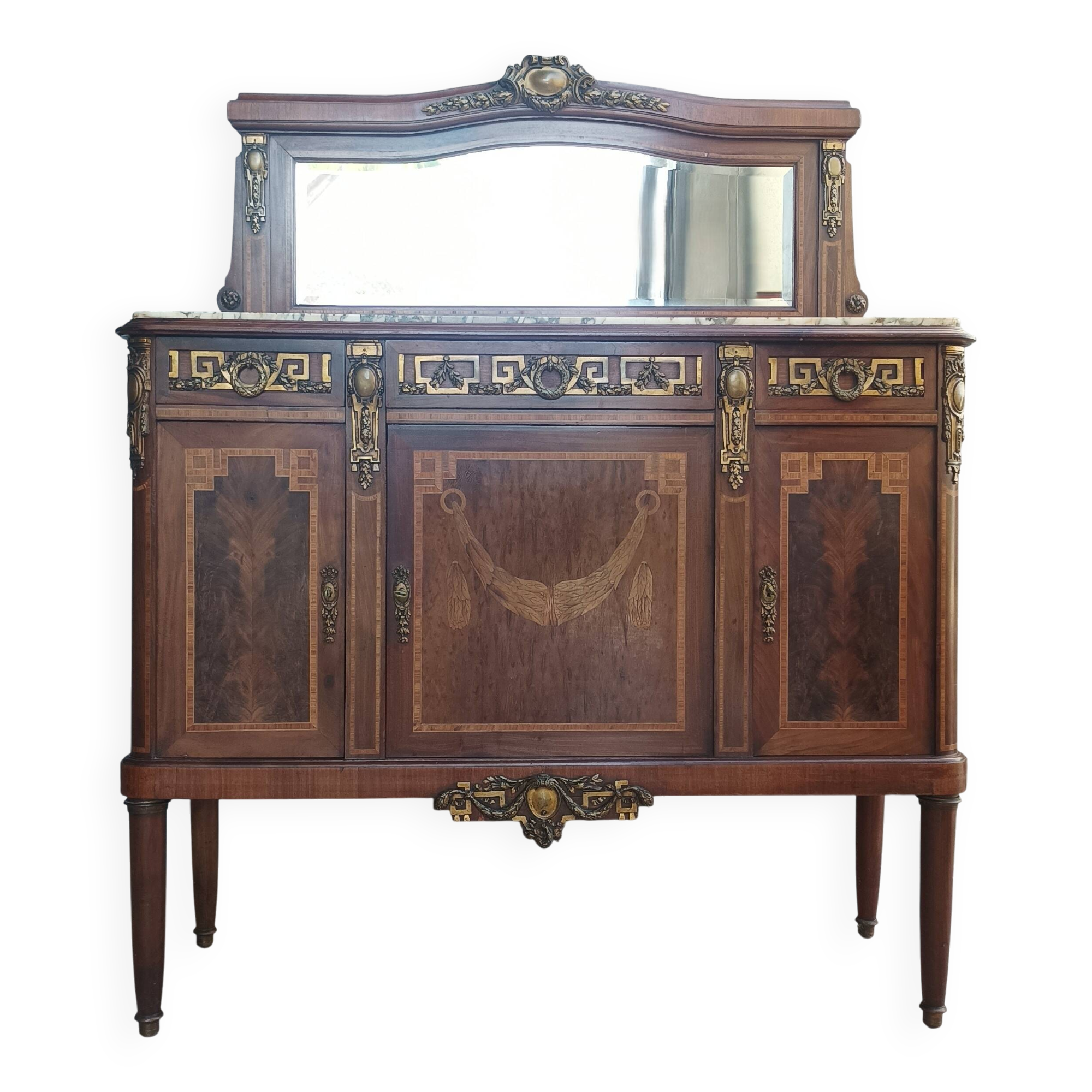 Buffet desserte Louis XVI en placage d'acajou et marqueterie de bois précie