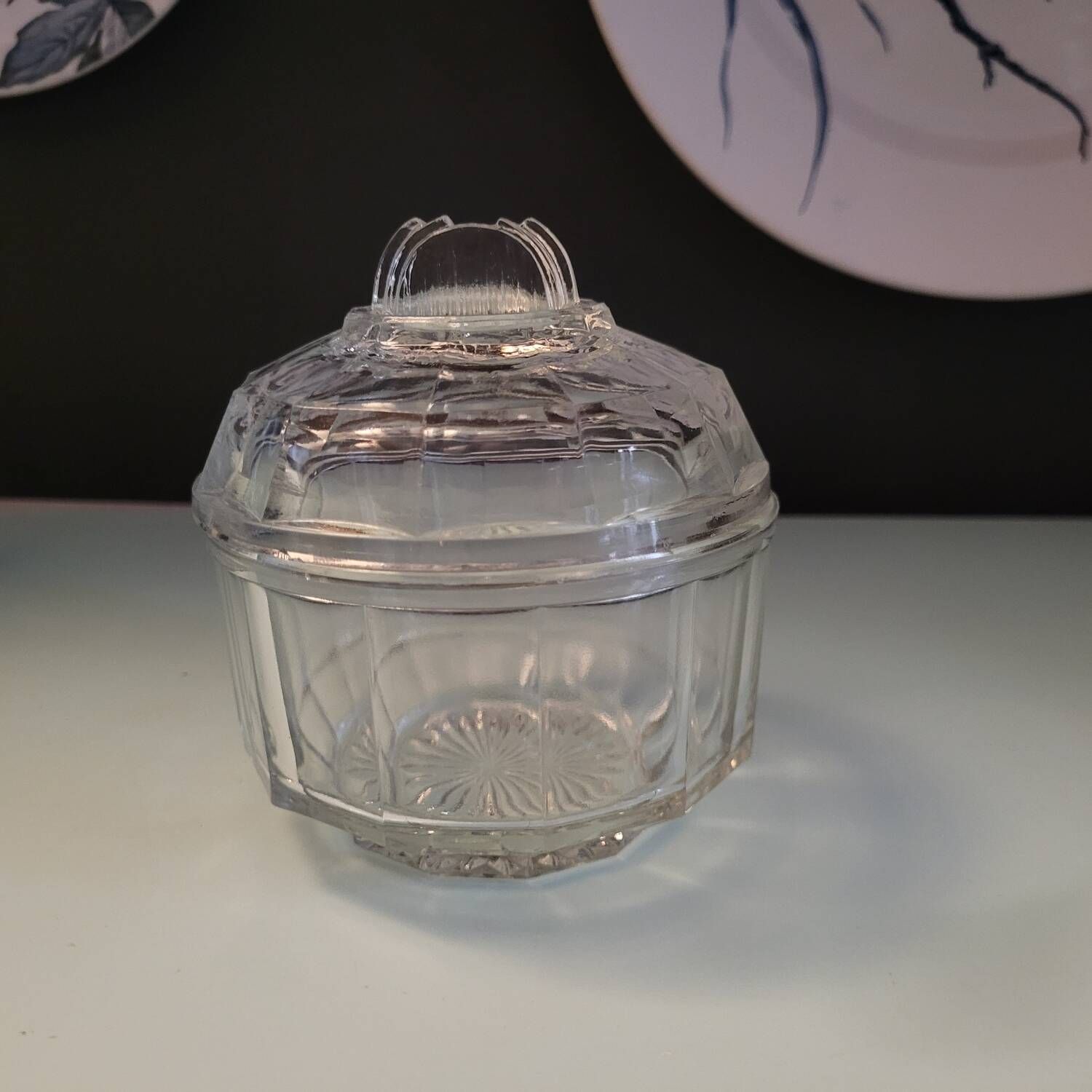 Antique sugar bowl in faceted molded glass – France, 1930s