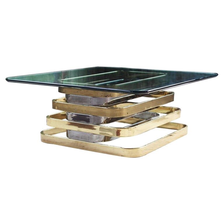 Coffee table in chrome, brass and beveled glass