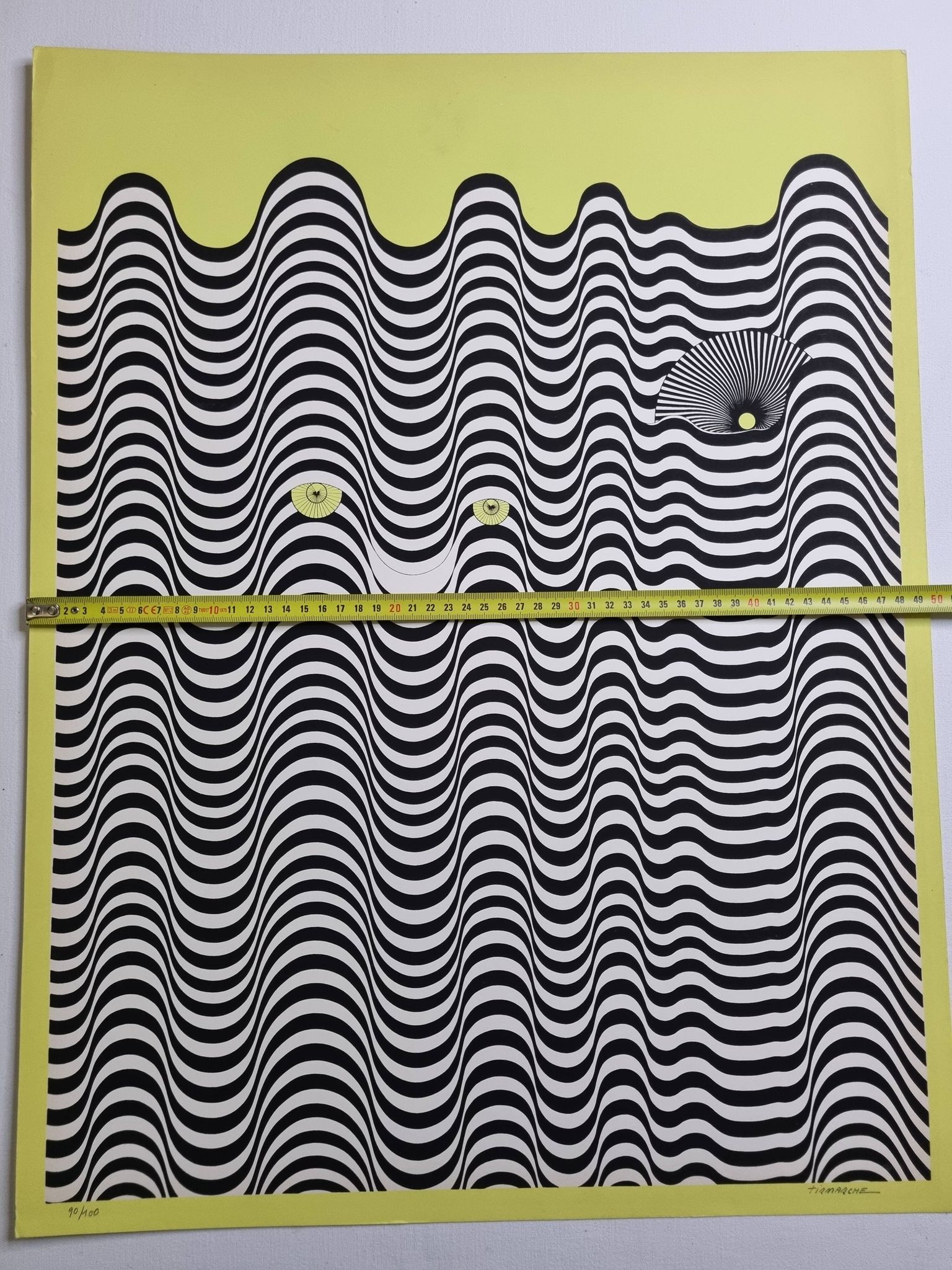 Screenprint signed after Maurice Tirmarche, Optical work of art "Op Art in yellow", 50 x 65 cm