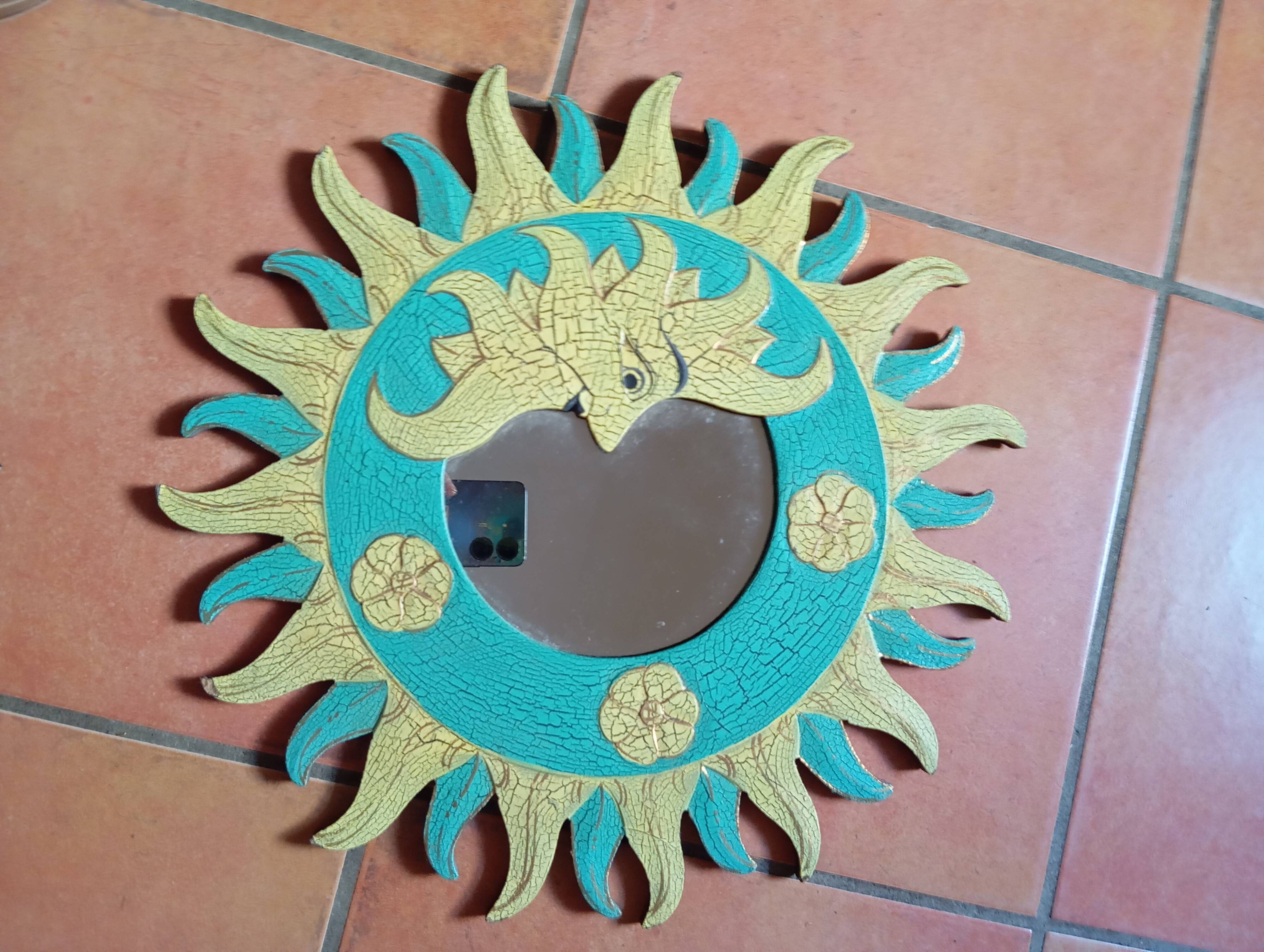 Yellow green wooden sun mirror
