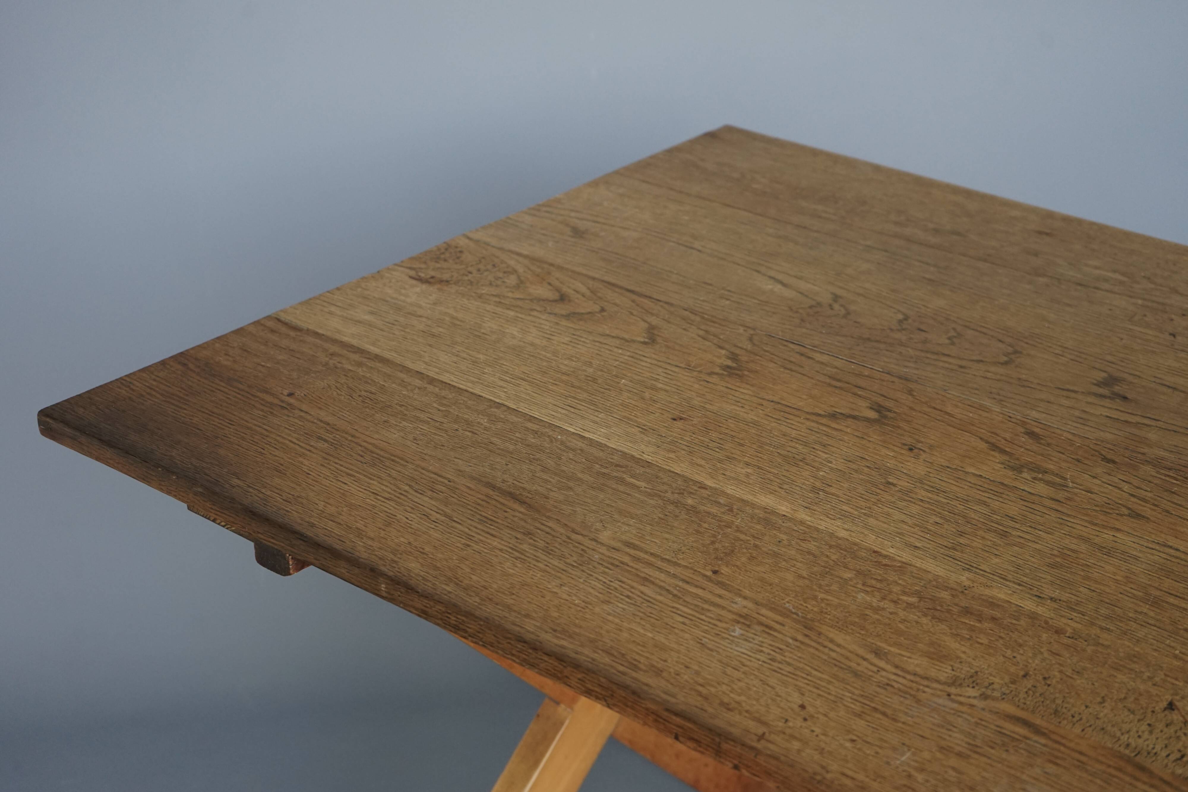 Rustic wooden Farmhouse X-frame Dining Table. 1940s
