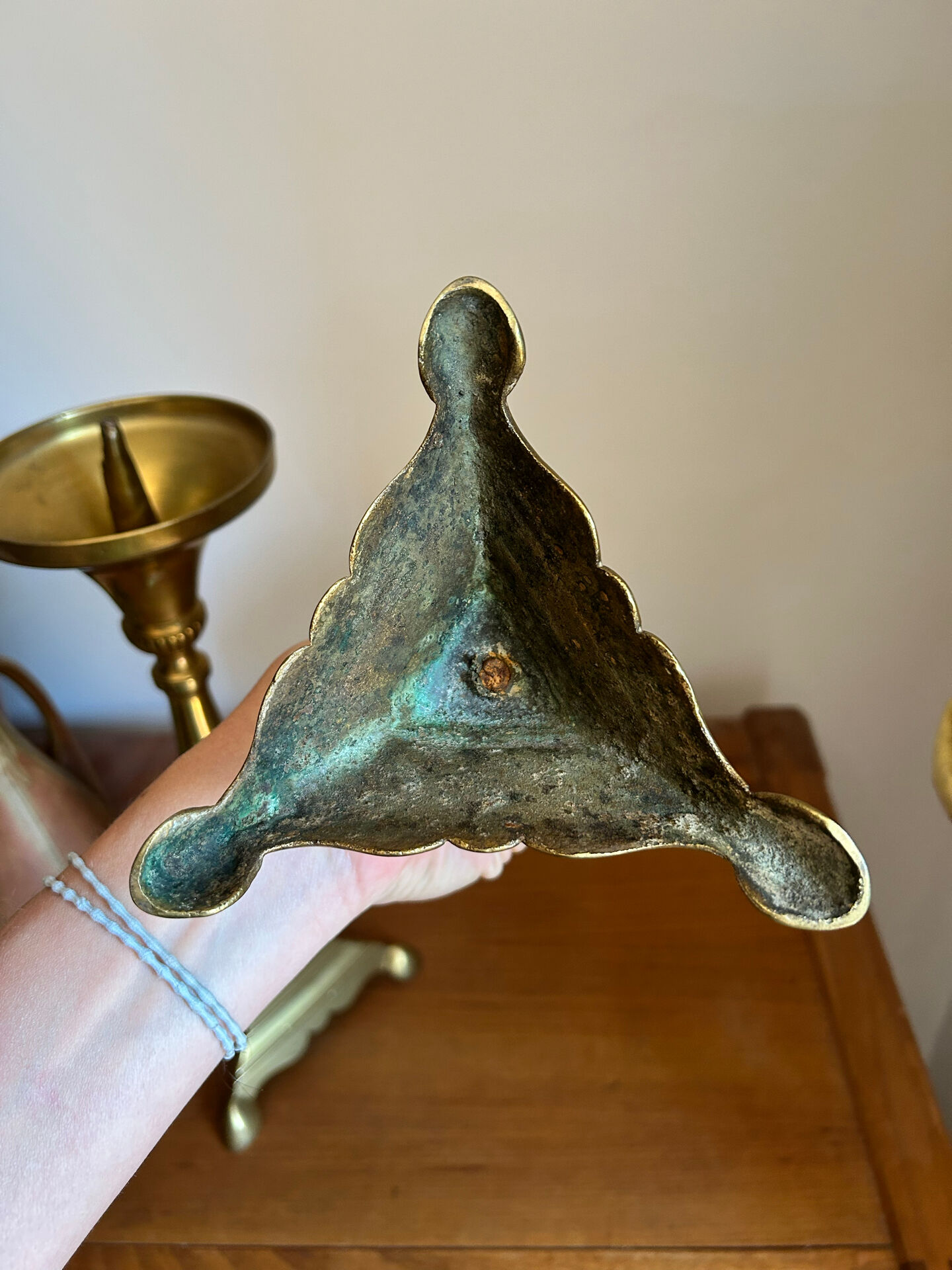 Pair of antique brass virgin spikes
