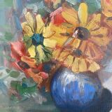 Peinture sur toile bouquet de fleurs dans un vase.