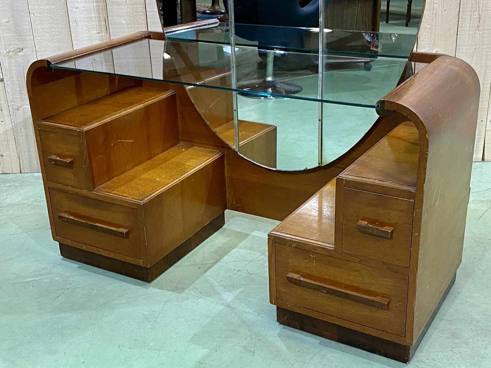 English art deco hairdresser in oak and walnut