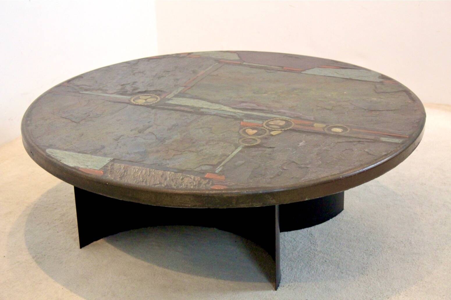Brutalist Paul Kingma One-Off Slate, Ceramic and Brass Artwork Coffee Table, Signed