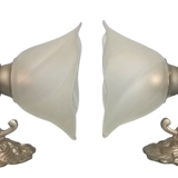 Pair of vintage rococo style sconces in patinated tin and frosted glass - 70's