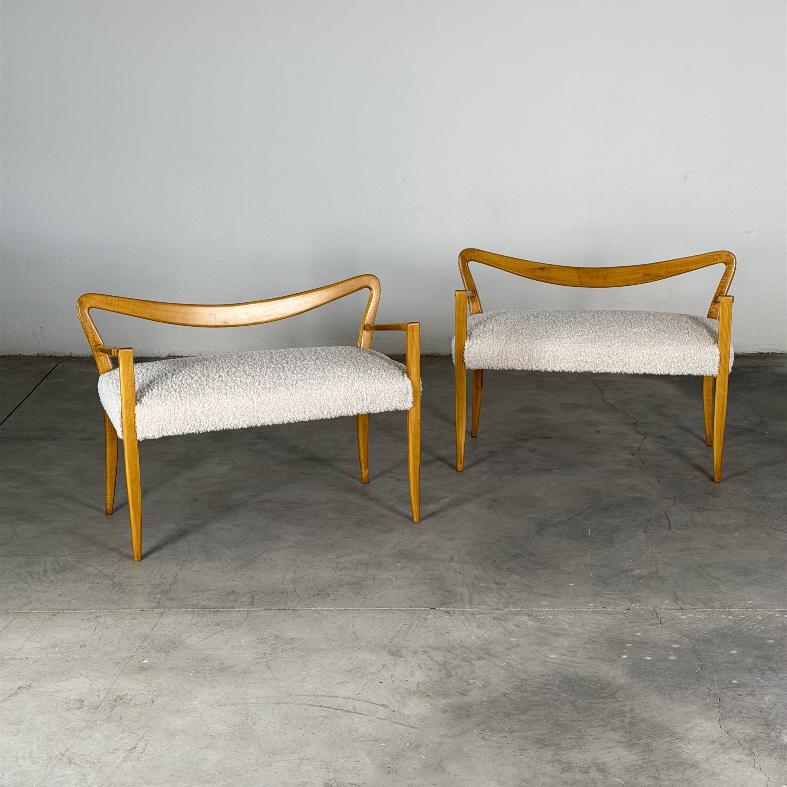 Benches Attributed to Guglielmo Ulrich, Blonde Maple & Bouclé, Italy 1940s