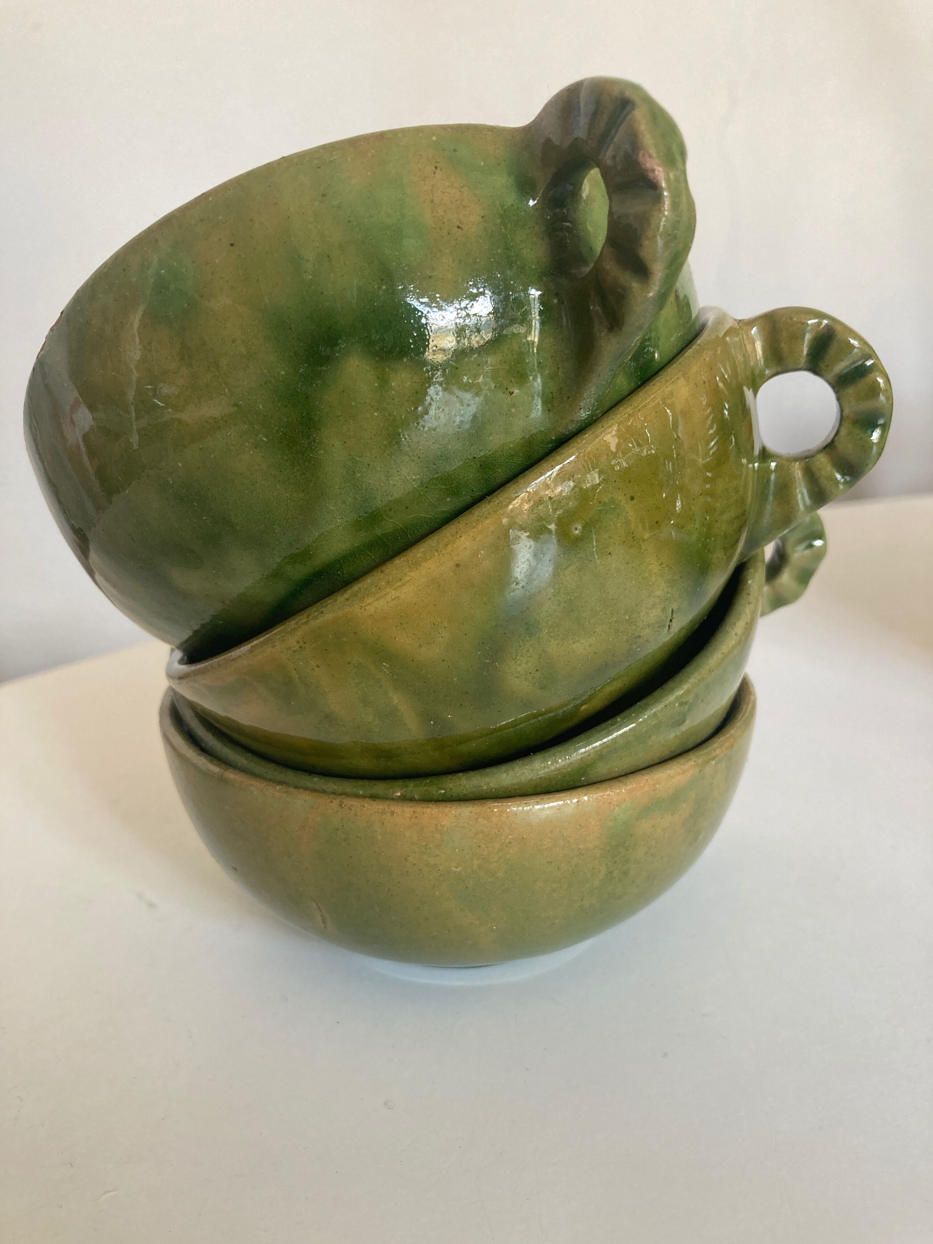 Set of 4 cups with starters or dessert in glazed earth of Biot green 1960