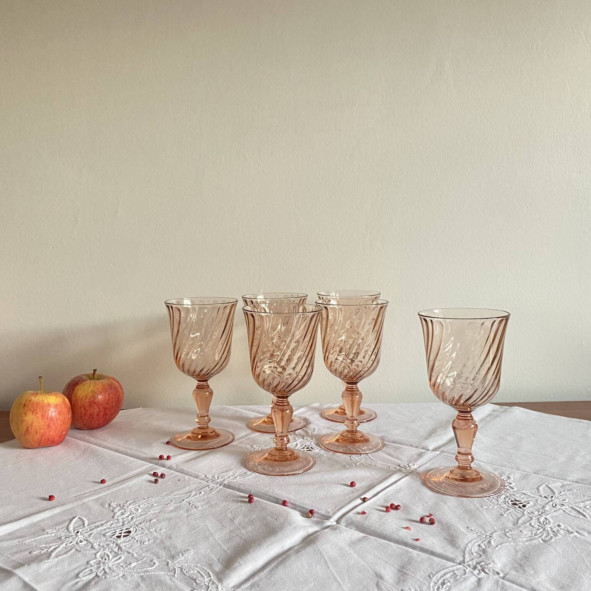 6 vintage pink wine and water glasses, Rosaline Luminarc France tableware