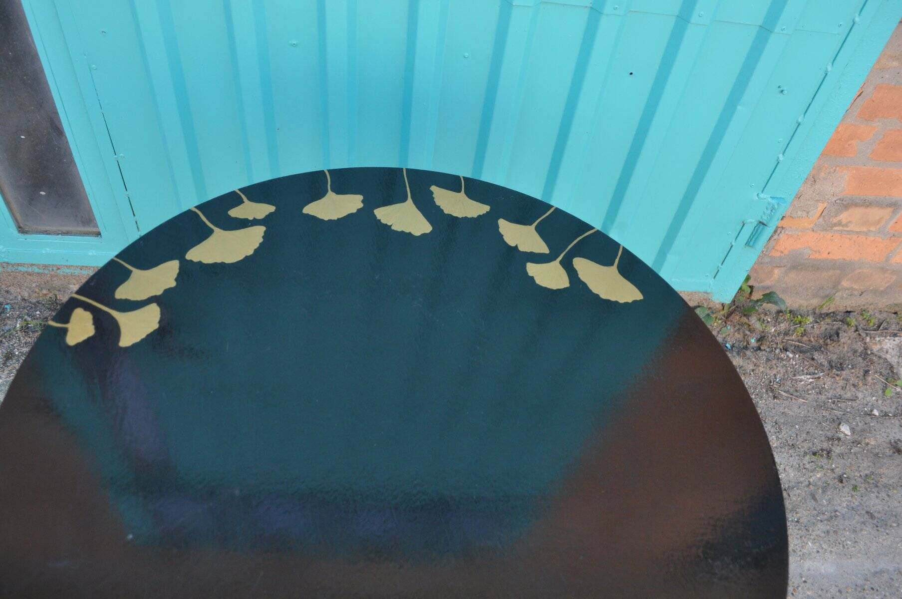 Black side table made of pine, hand-painted with acrylic, decorated with golden leaves, 1960s.