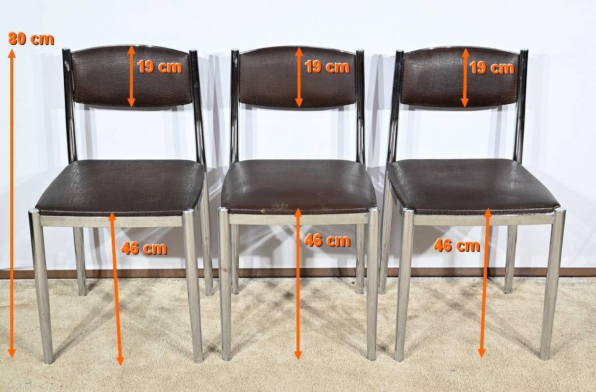 Suite of 3 Leather and Chrome Metal Chairs, attributed to Collomb Creation – 1970