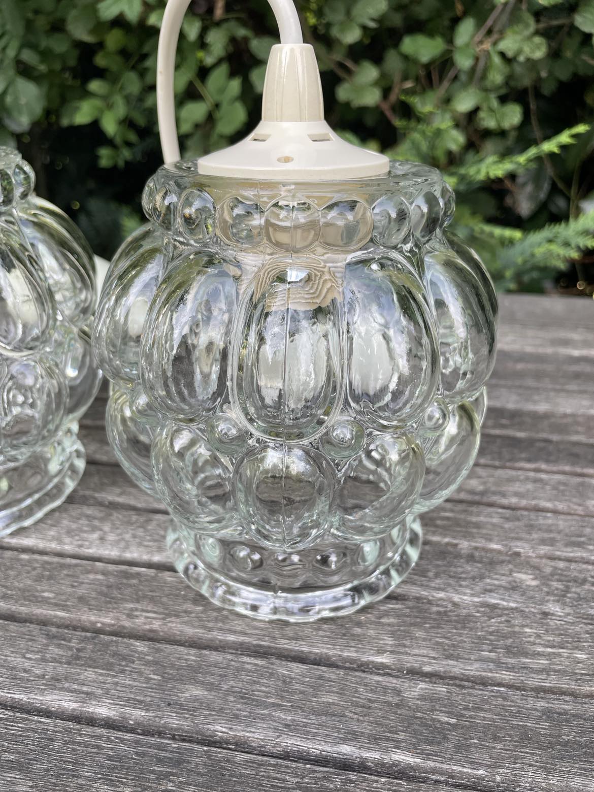 Pair of Bubble Pendant Lamps in Amber Glass Vintage 70s