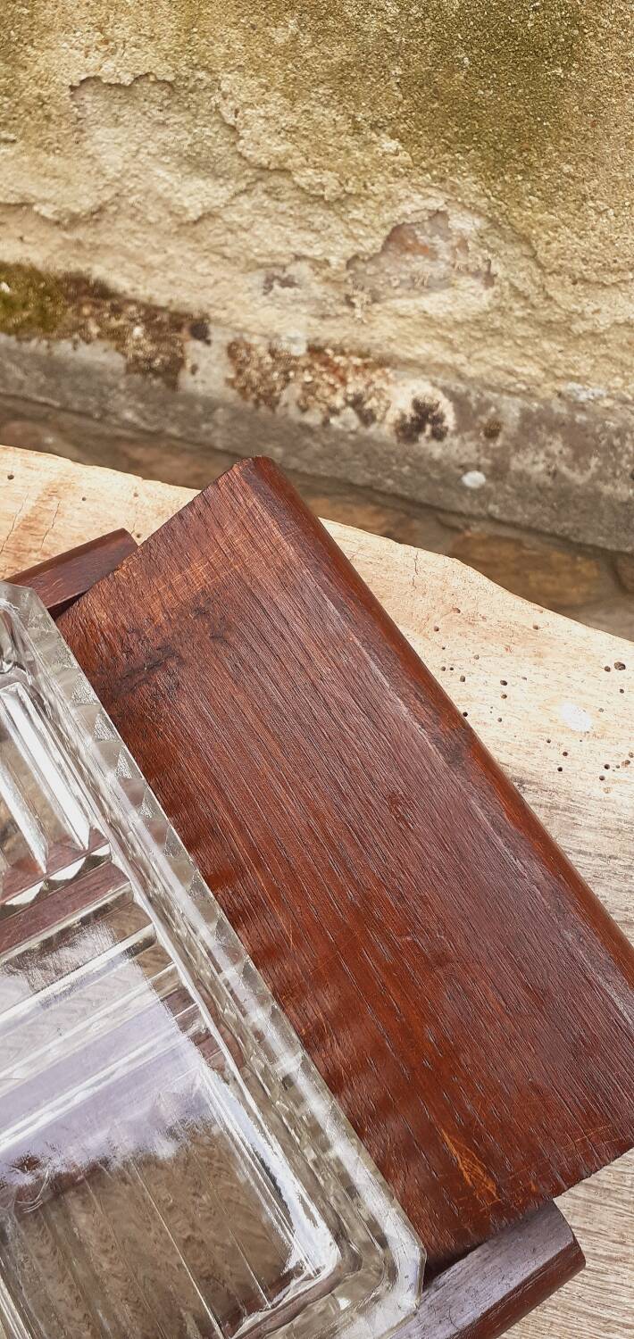 Vintage aperitif tray in oak and molded glass from the 50s