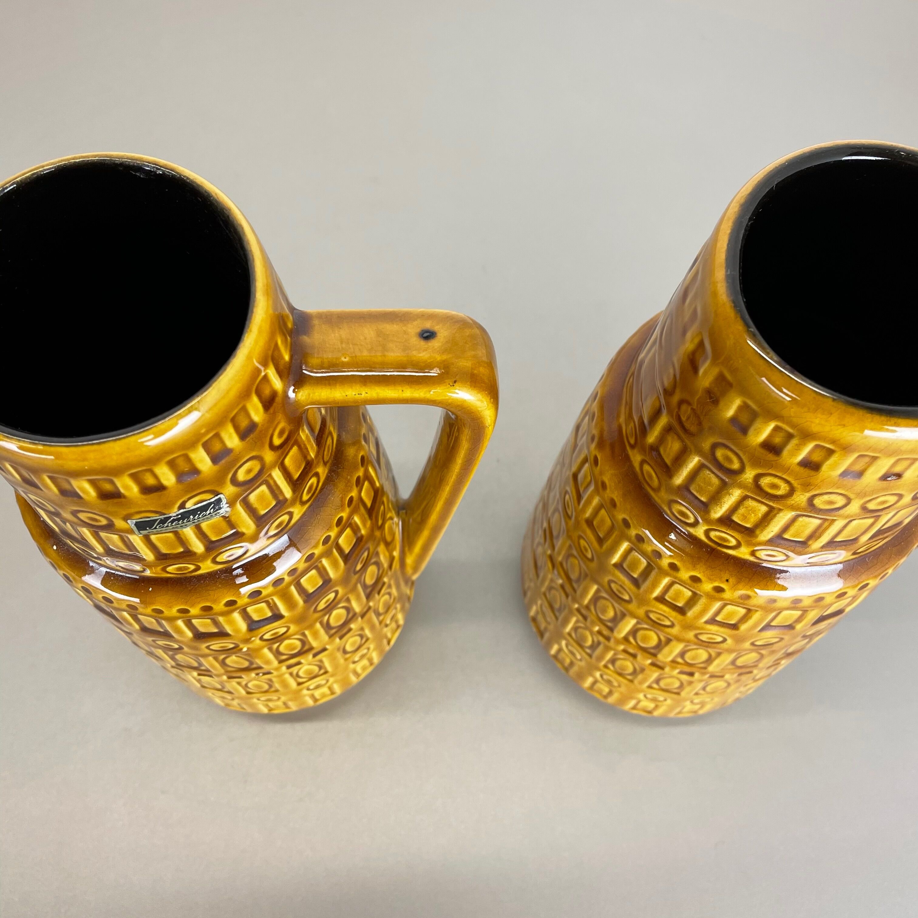 Set of Two Pottery Fat Lava Vases "ochre pattern" by Scheurich, Germany, 1970s