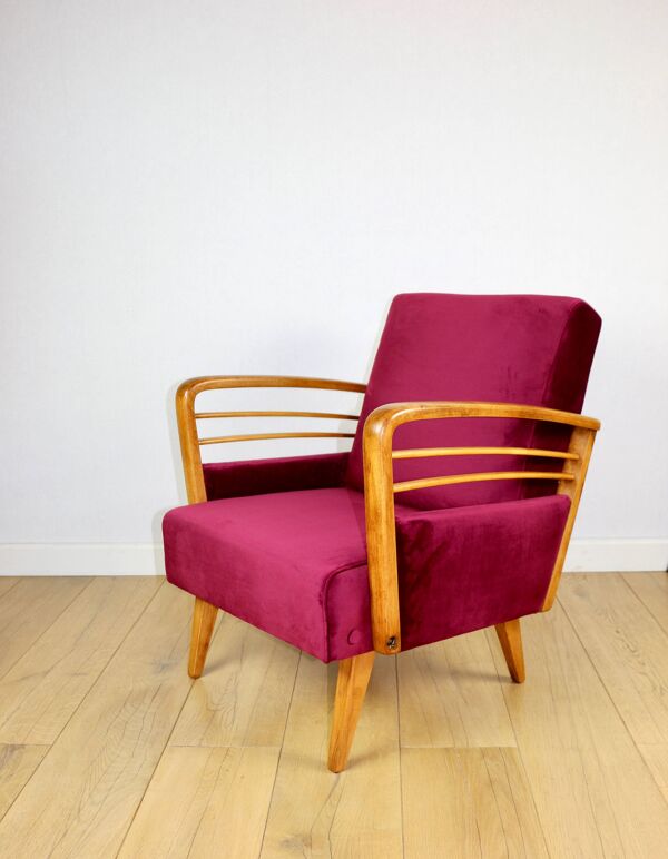 Fauteuil loft Art Déco vintage framboise - années 1960