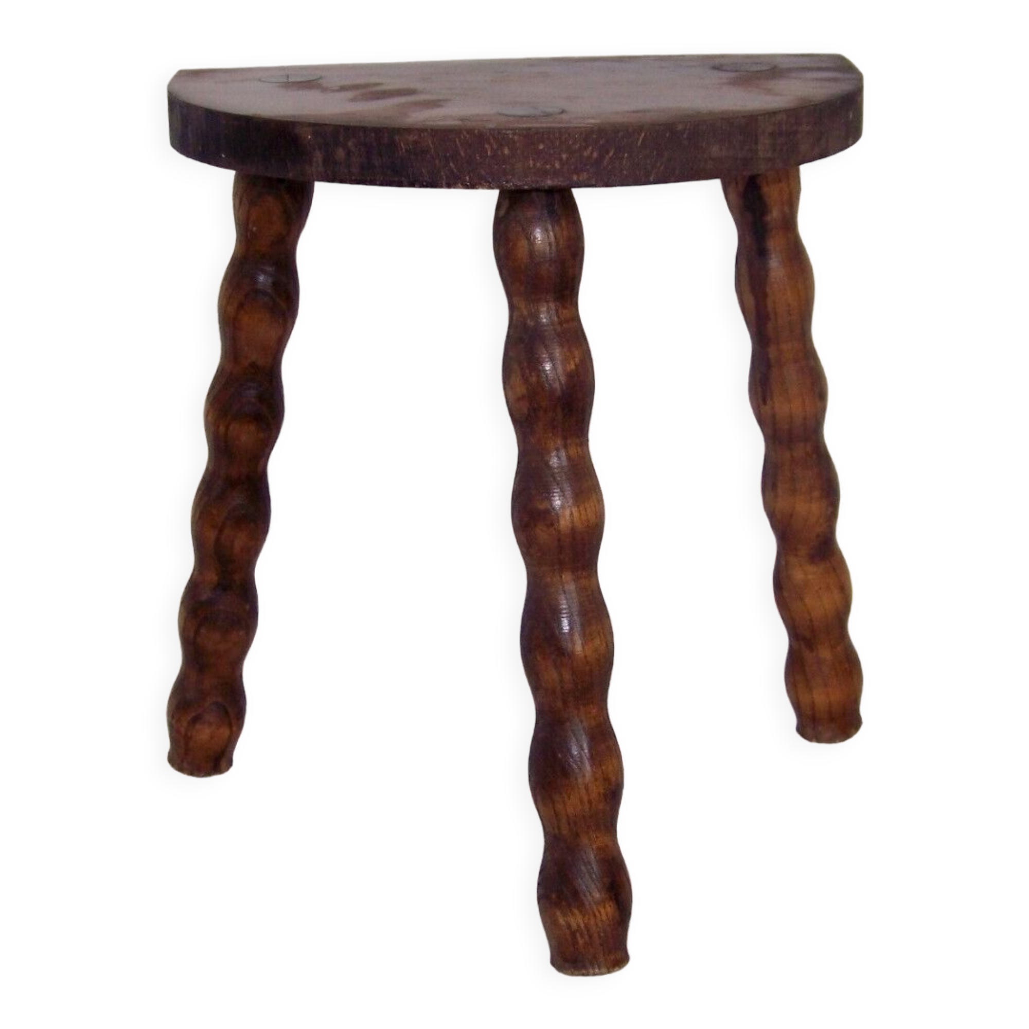 French vintage traditional handmade half moon milking stool with bobbin leg