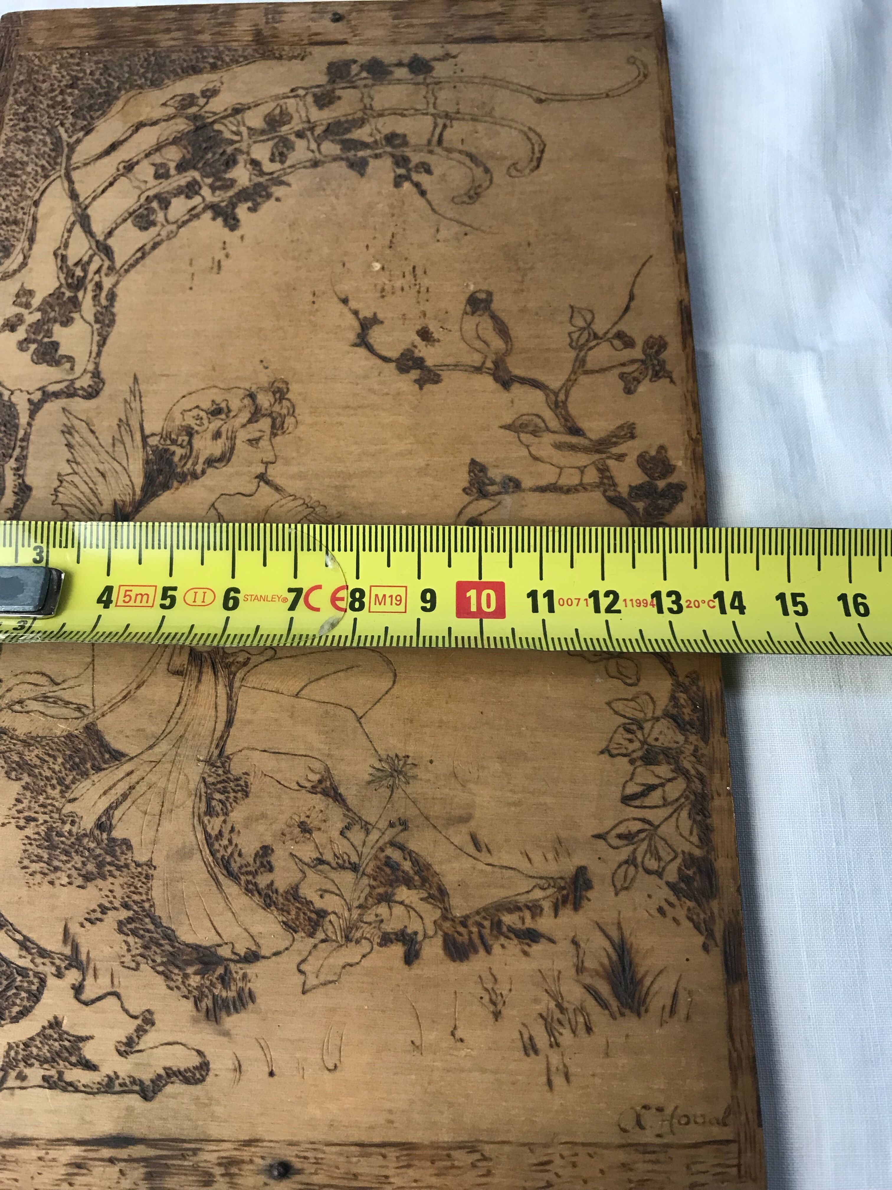 Art Nouveau panel in pyrograved wood signed Houal