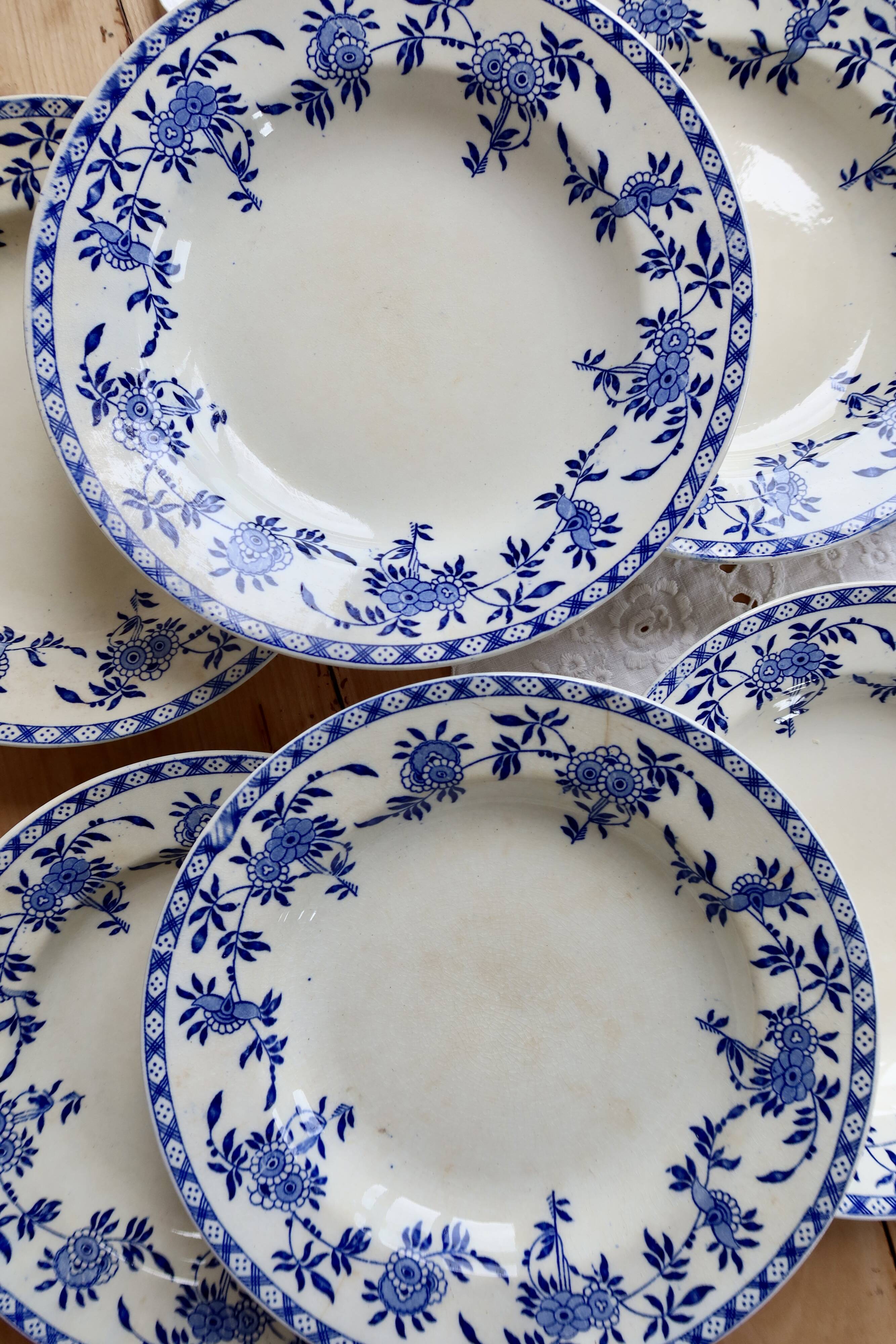 6 antique deep plates, blue and white Dresden porcelain