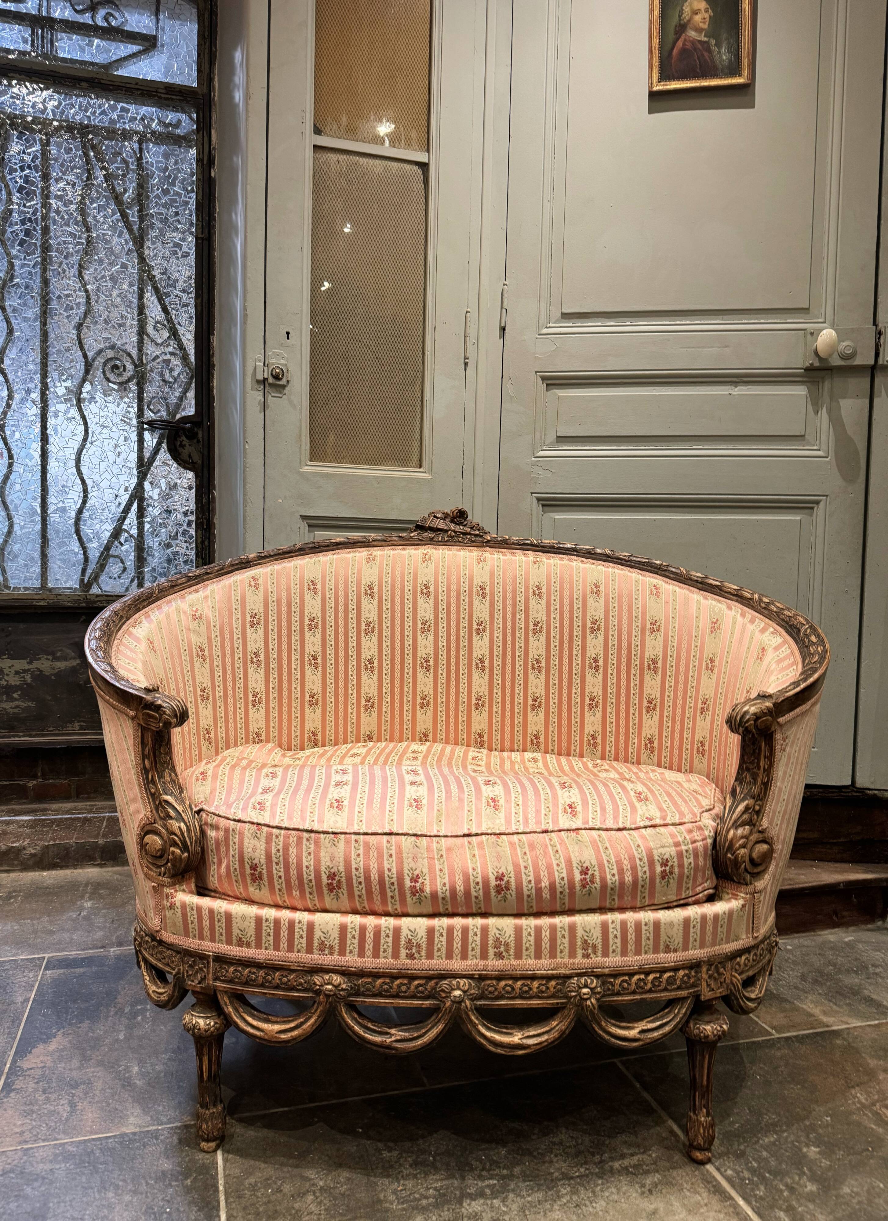 Small Sofa / Marquise From the Napoleon III Period in Waxed Wood in Louis XVI Style