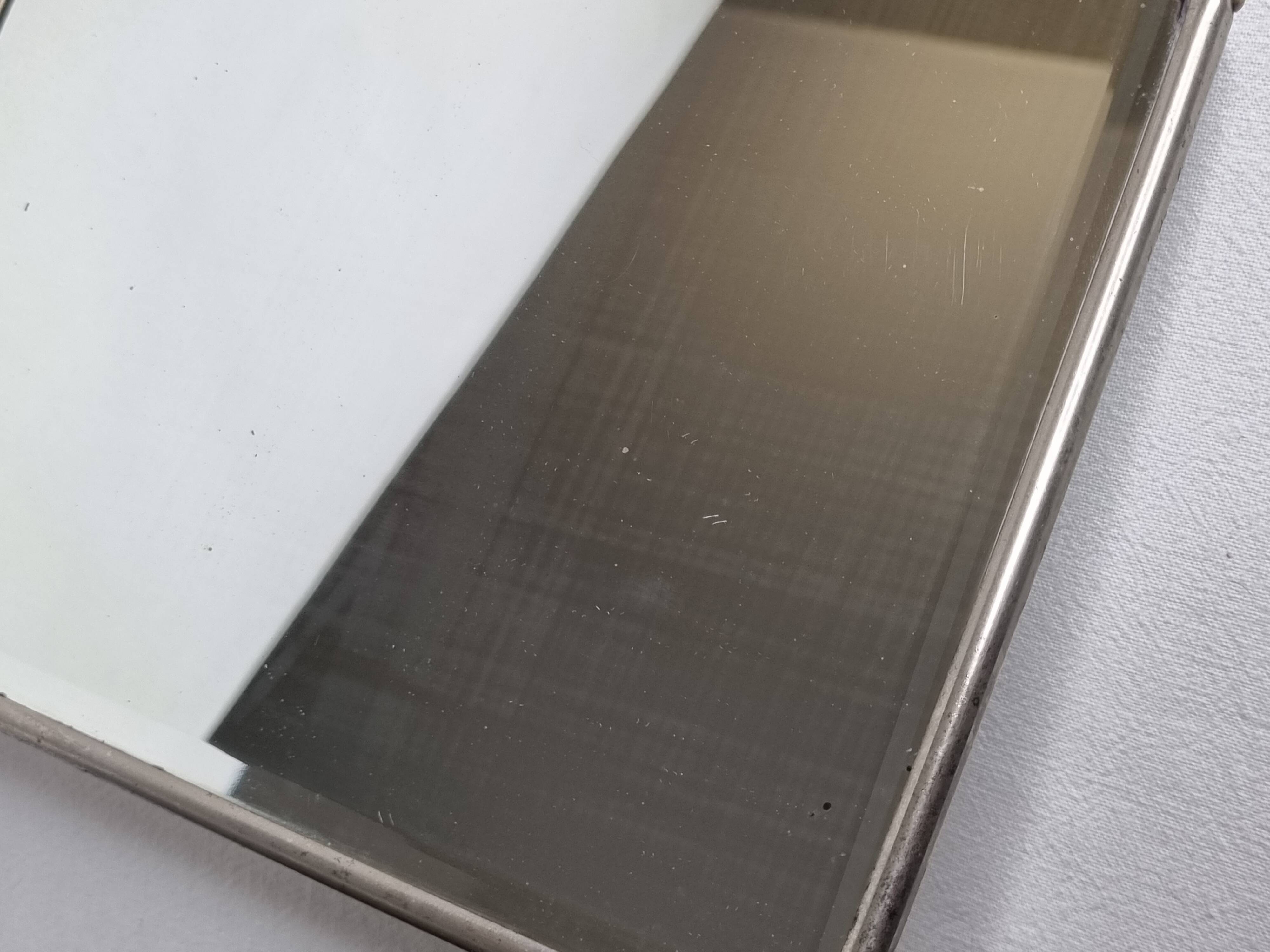 Antique triptych barber's mirror, metal frame and imitation leather back, 1930