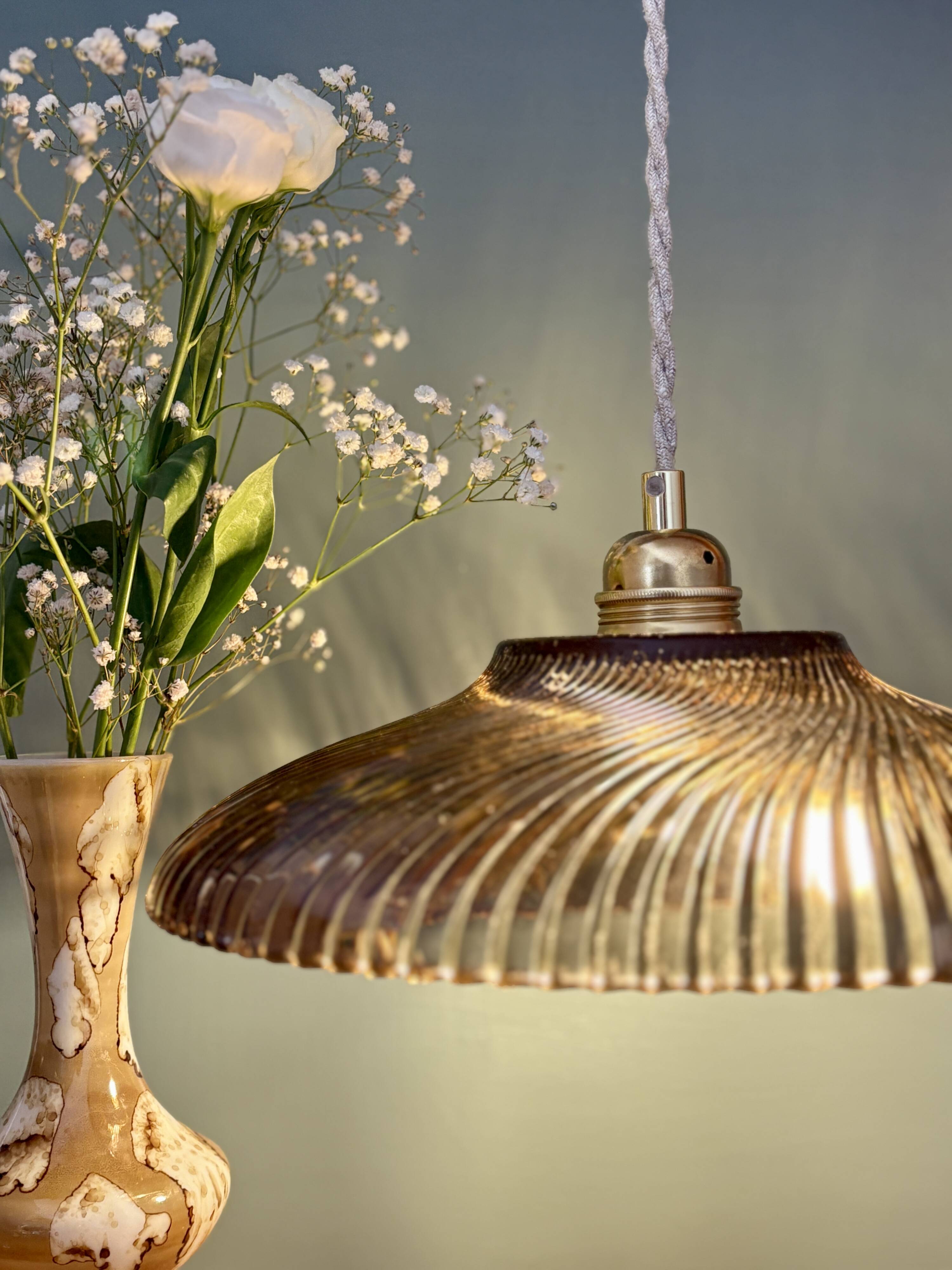 Vintage amber molded glass lampshade pendant light - tableware collection -