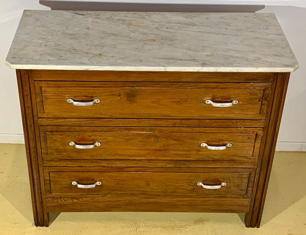 Commode style Art Déco, 3 tiroirs, marbre blanc