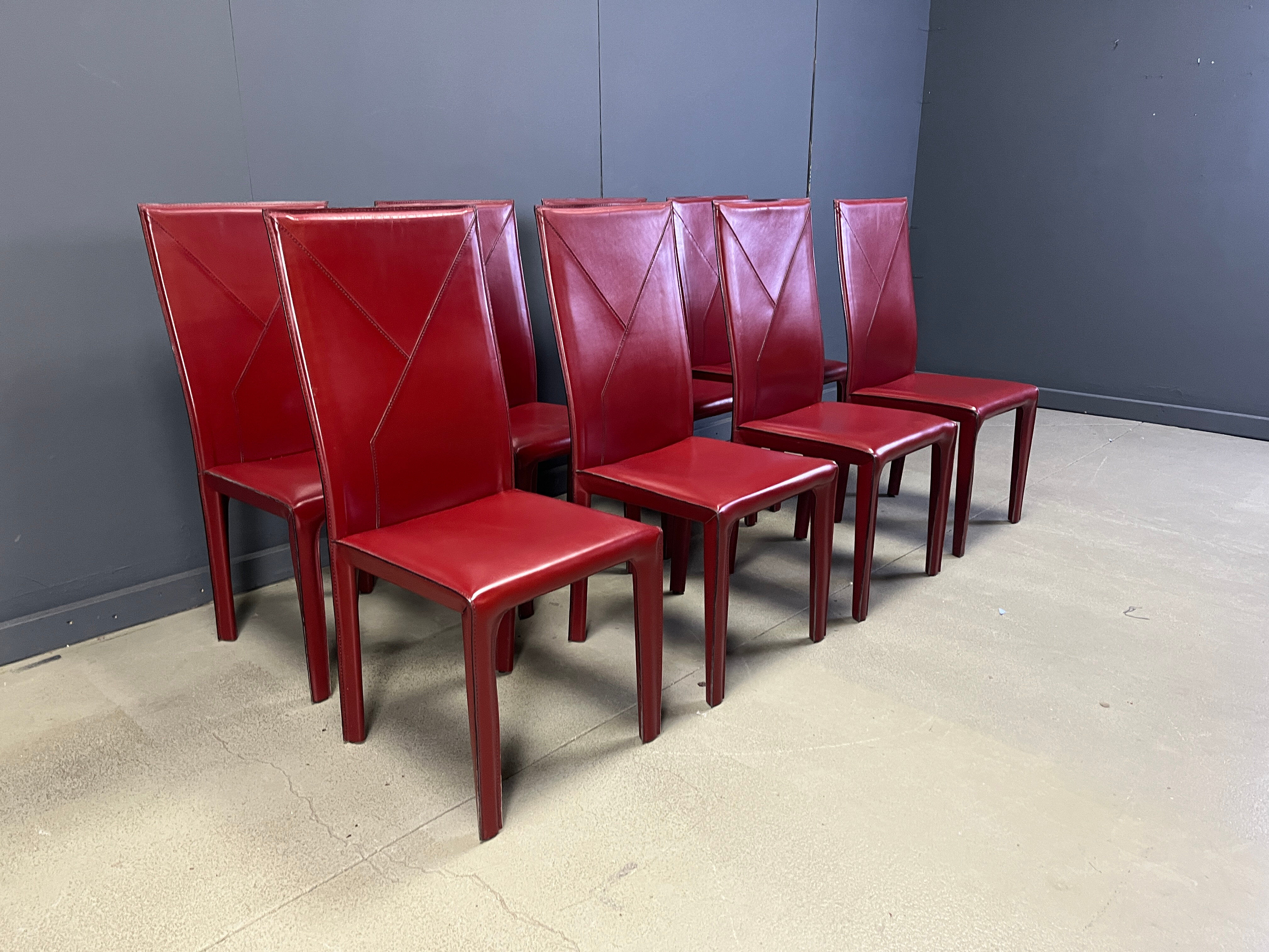 Red leather dining chairs by Roche Bobois France, 1980s - set of 8