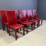 Red leather dining chairs by Roche Bobois France, 1980s - set of 8
