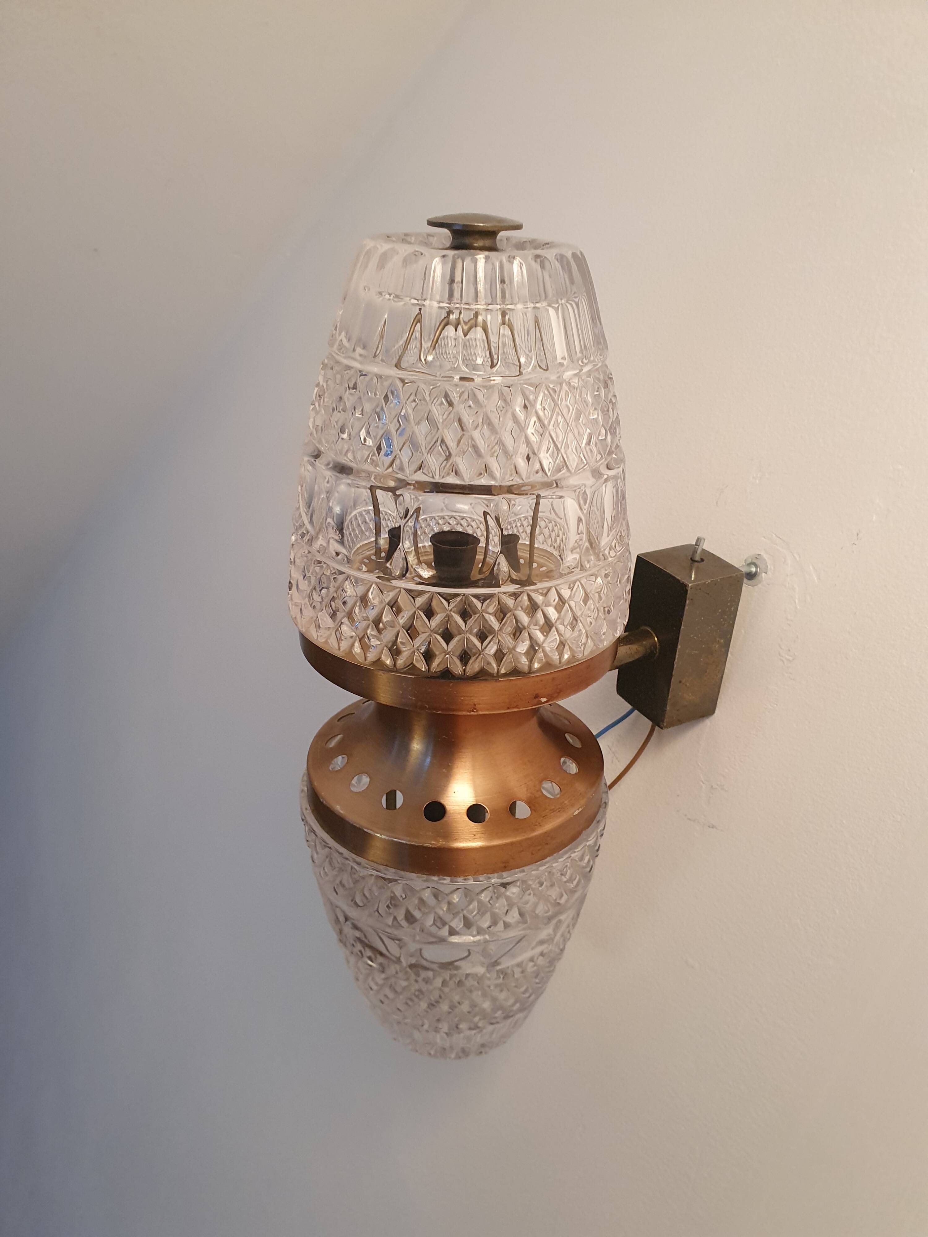 Vintage brass wall light with two crystal glass globes