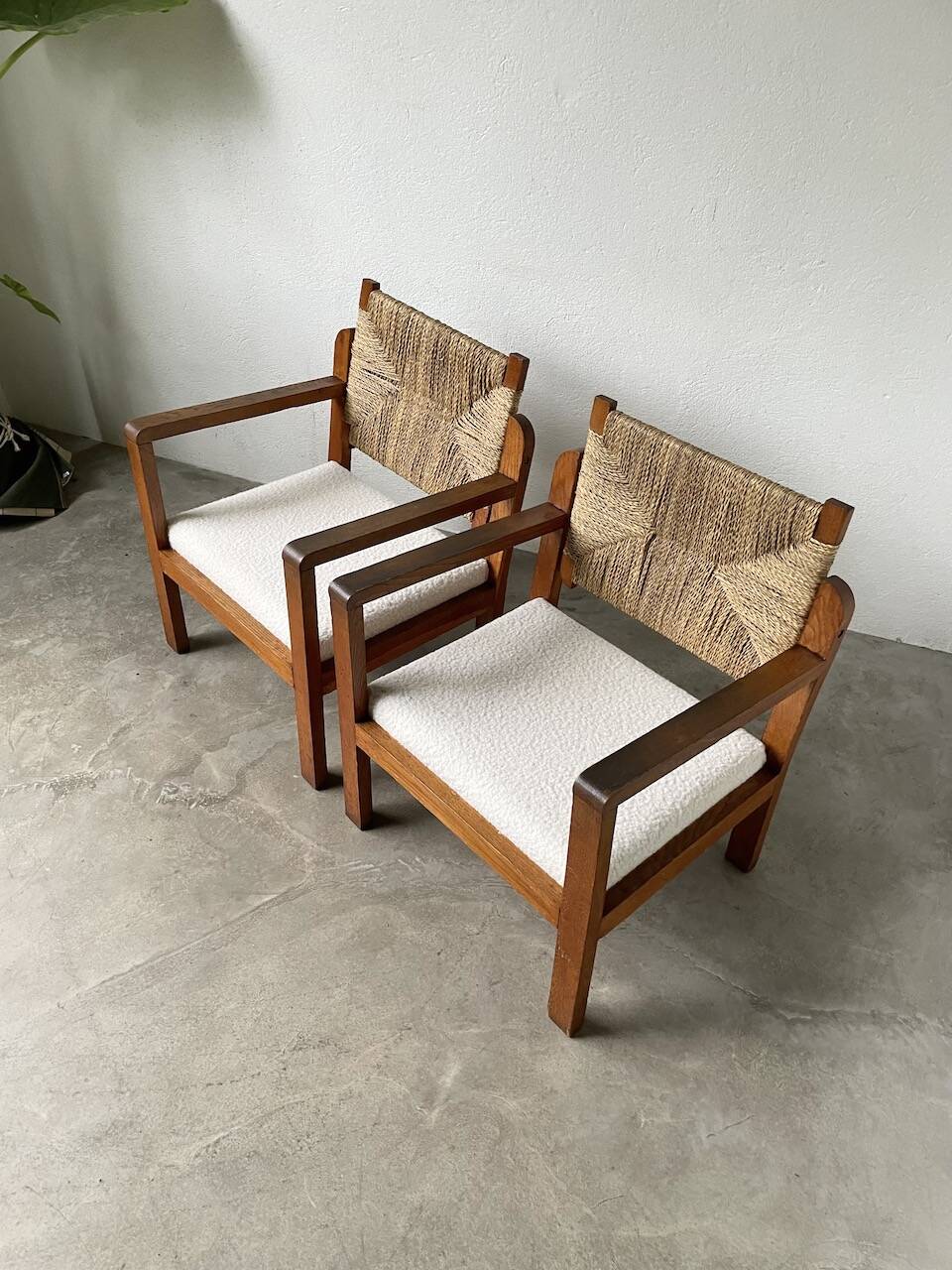 Pair of oak and straw armchairs, reconstruction style