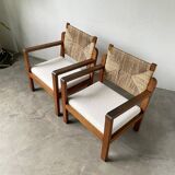 Pair of oak and straw armchairs, reconstruction style